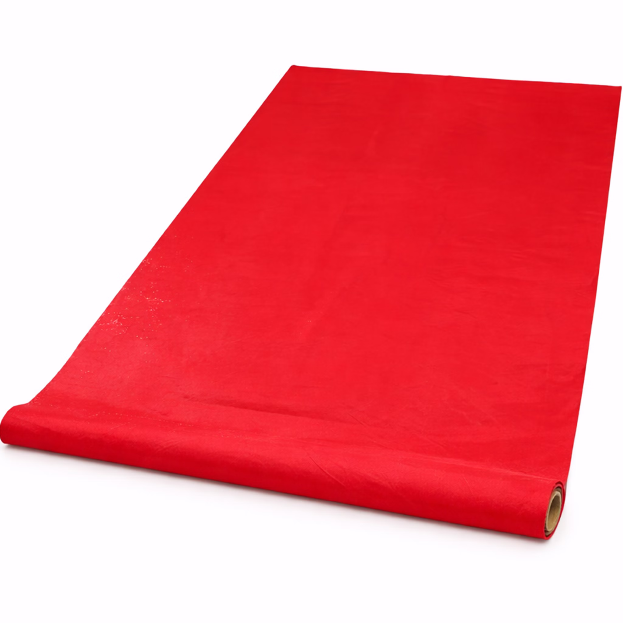 Teppichläufer 150 x 300 cm Einweg-Teppich Hochzeit Geburtstag Party-Deko Bodenläufer Party-Zubehör Teppich Events Roter Bodenläufer aus Polyester-Vlies leicht ausgerollt auf weißem Hintergrund, ideal für Events und Feiern.