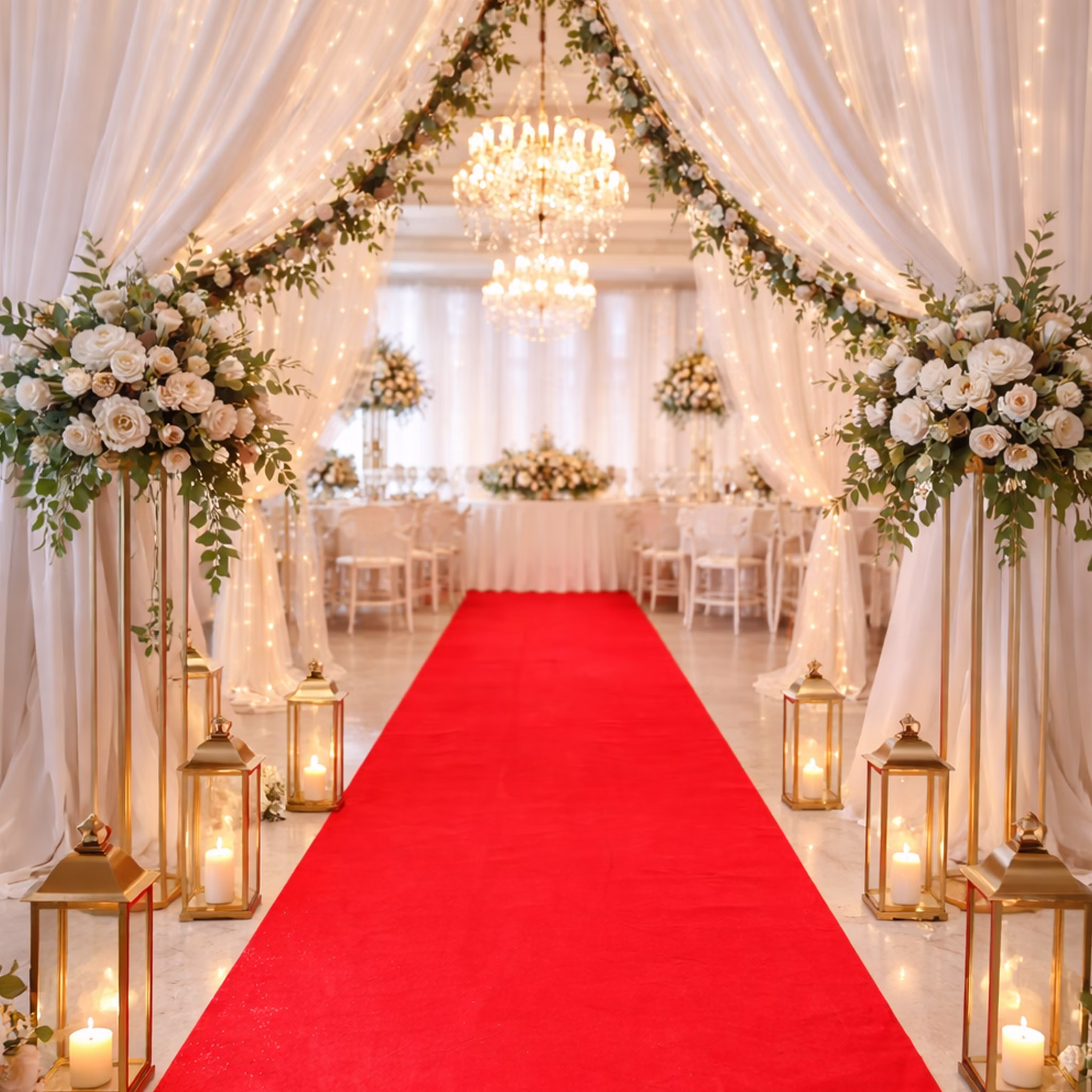 Teppichläufer 150 x 300 cm Einweg-Teppich Hochzeit Geburtstag Party-Deko Bodenläufer Party-Zubehör Teppich Events Roter Teppich als eleganter Mittelgang bei Hochzeit mit Blumen, Kerzen und festlicher Dekoration. Hinweis: KI generiertes Bild
