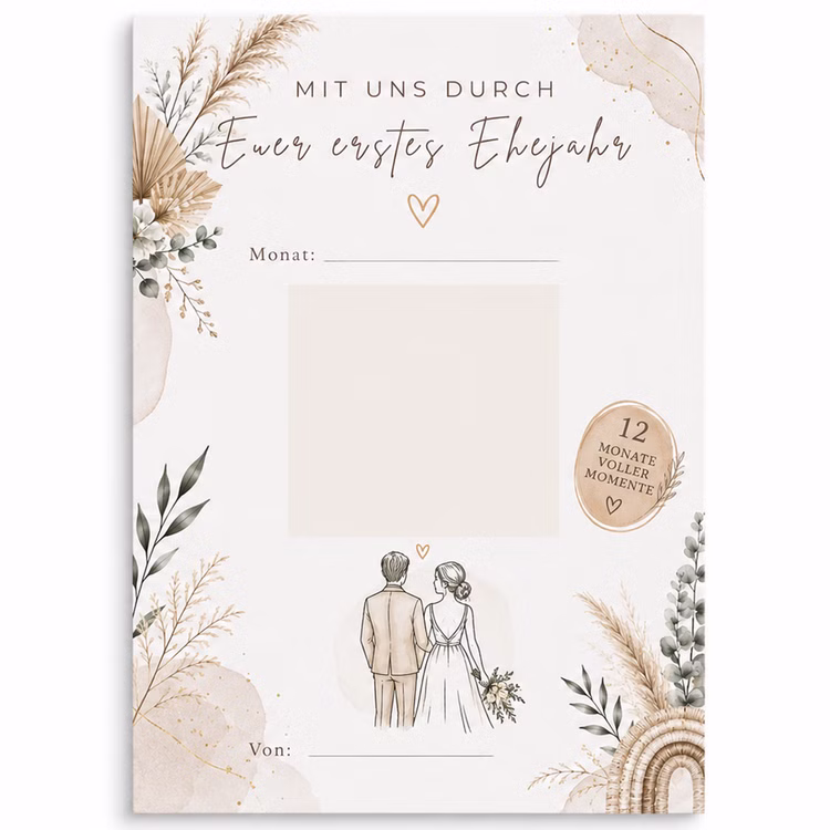 Hochzeitsspiel „Mit uns durch Euer erstes Ehejahr“ mit Rubbelkarten 12 Monate voller Momente im Boho-Design Gutscheinkarten mit Rubbelstickern Hochzeitsspiel & Geschenkidee Heiraten Brautpaar Geschenkidee Hochzeit Wedding Gutschein Geschenkgutschein JGA Pa Boho-Rubbelkarte für Hochzeiten im A6-Format mit floralen Elementen, Brautpaar-Motiv, Rubbelbereich und Badge „12 Monate voller Momente“ auf hellem Hintergrund.