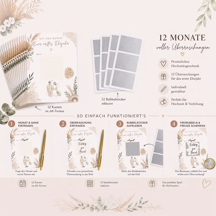 Hochzeitsspiel „Mit uns durch Euer erstes Ehejahr“ mit Rubbelkarten 12 Monate voller Momente im Boho-Design Gutscheinkarten mit Rubbelstickern Hochzeitsspiel & Geschenkidee Heiraten Brautpaar Geschenkidee Hochzeit Wedding Gutschein Geschenkgutschein JGA Pa Infografik zum Hochzeitsspiel „Mit uns durch Euer erstes Ehejahr“ mit Produktübersicht, Rubbelstickern, Schritt-für-Schritt-Anleitung und floralen Boho-Elementen.