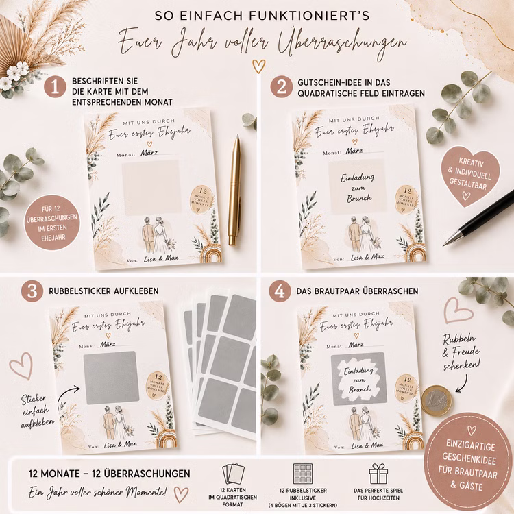 Hochzeitsspiel „Mit uns durch Euer erstes Ehejahr“ mit Rubbelkarten 12 Monate voller Momente im Boho-Design Gutscheinkarten mit Rubbelstickern Hochzeitsspiel & Geschenkidee Heiraten Brautpaar Geschenkidee Hochzeit Wedding Gutschein Geschenkgutschein JGA Pa Anleitungsgrafik zum Hochzeitsspiel mit vier Schritten: Monat eintragen, Überraschung schreiben, Rubbelsticker aufkleben und Gutschein freirubbeln – im modernen Boho-Design.