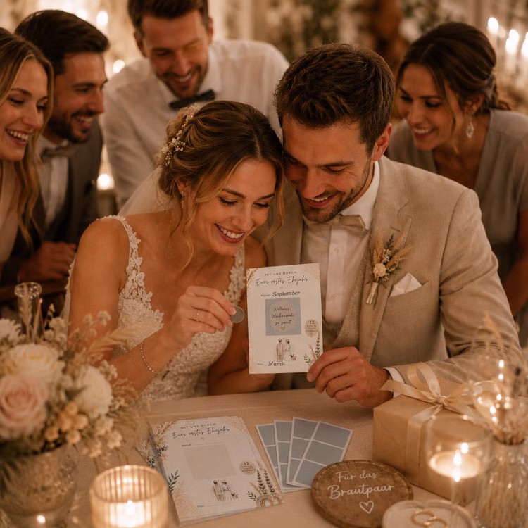 Hochzeitsspiel „Mit uns durch Euer erstes Ehejahr“ mit Rubbelkarten 12 Monate voller Momente im Boho-Design Gutscheinkarten mit Rubbelstickern Hochzeitsspiel & Geschenkidee Heiraten Brautpaar Geschenkidee Hochzeit Wedding Gutschein Geschenkgutschein JGA Pa Brautpaar beim Freirubbeln einer Hochzeits-Rubbelkarte „Mit uns durch Euer erstes Ehejahr“ im warmen Boho-Hochzeitsambiente mit Gästen, Kerzen und Geschenkboxen. Hinweis: KI generiertes Bild
