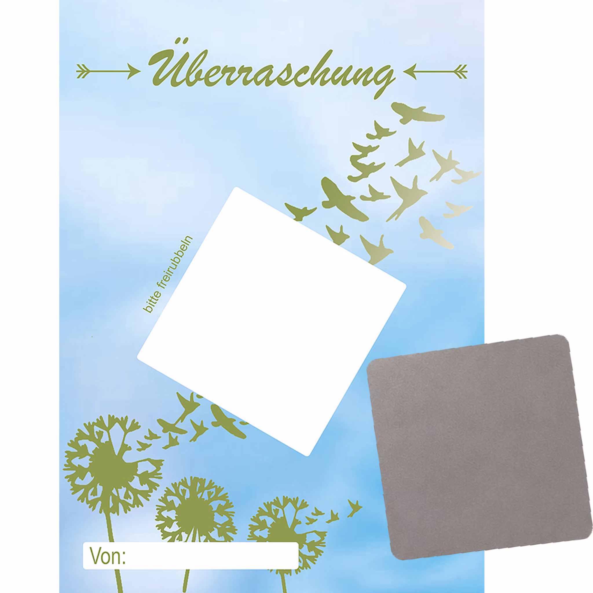 Überraschungskarte mit Rubbelsticker Pusteblume DIN A6 1 Karte mit silbernen Etikett zum freirubbeln Gutschein Beste Freunde Muttertag DIY Geschenk Überraschung Überraschungskarte im Pusteblumen-Design mit einzelnem silbernen Rubbelsticker zum individuellen Beschriften und Freirubbeln.