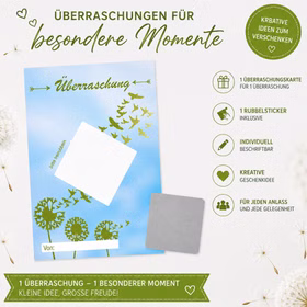 Überraschungskarte mit Rubbelsticker Pusteblume DIN A6 1 Karte mit silbernen Etikett zum freirubbeln Gutschein Beste Freunde Muttertag DIY Geschenk Überraschung Produktübersicht des 1er-Sets mit einer Überraschungskarte, einem Rubbelsticker sowie Informationen zu Inhalt und Verwendung.