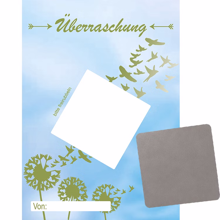Überraschungskarte mit Rubbelsticker Pusteblume DIN A6 1 Karte mit silbernen Etikett zum freirubbeln Gutschein Beste Freunde Muttertag DIY Geschenk Überraschung Überraschungskarte im Pusteblumen-Design mit einzelnem silbernen Rubbelsticker zum individuellen Beschriften und Freirubbeln.