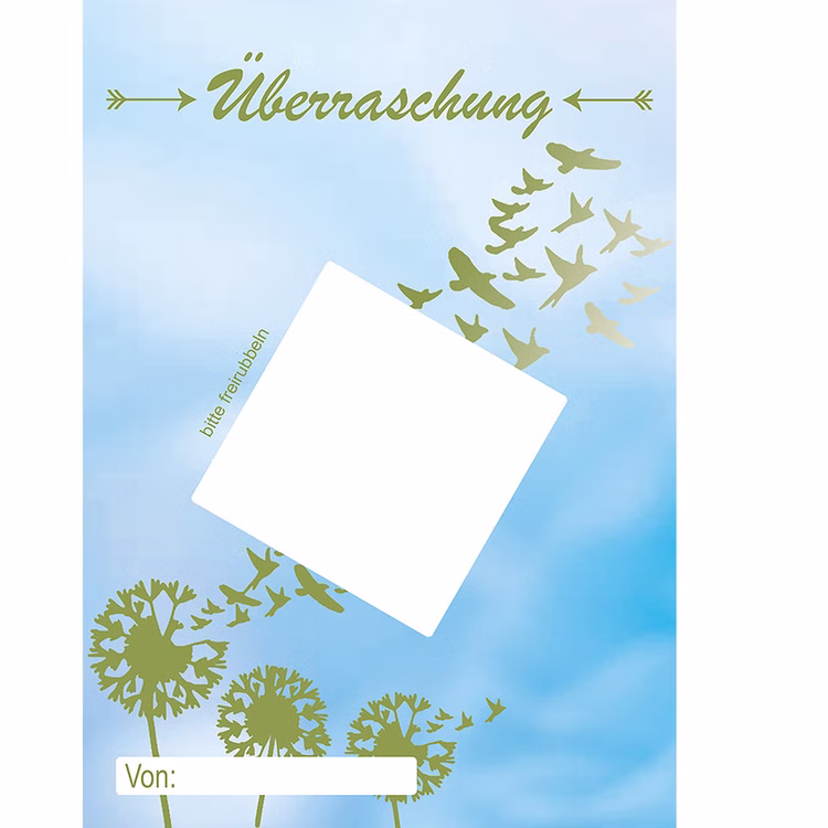 Überraschungskarten Pusteblume mit Rubbelstickern 5 Karten DIN A6 mit 5 Rubbel-Etiketten zum freirubbeln Gutschein Beste Freunde Muttertag DIY Geschenk Überraschung Einzelne Überraschungskarte im DIN-A6-Format mit Pusteblumen-Motiv und schräg platziertem Feld für den Rubbelsticker.