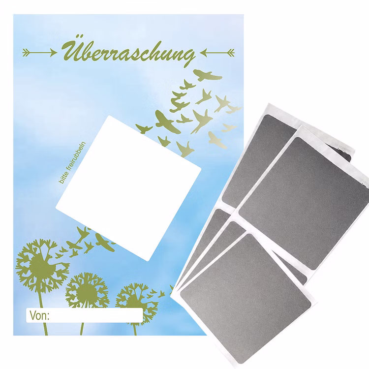 Überraschungskarten Pusteblume mit Rubbelstickern 5 Karten DIN A6 mit 5 Rubbel-Etiketten zum freirubbeln Gutschein Beste Freunde Muttertag DIY Geschenk Überraschung 5 Überraschungskarten im Pusteblumen-Design mit fünf silbernen Rubbelstickern zum individuellen Beschriften und Freirubbeln.