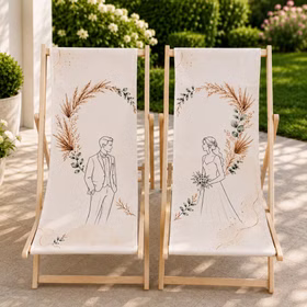 Boho Hochzeits-Liegestuhl 2-er Set Braut & Bräutigam Hochwertiges Hochzeitsgeschenk Geschenkidee zur Hochzeit stilvolle Entspannung für Braut & Bräutigam Zwei Hochzeits-Liegestühle mit Braut- und Bräutigam-Motiv stehen als Set auf heller Terrasse vor grünem Garten. Hinweis: KI generiertes Bild