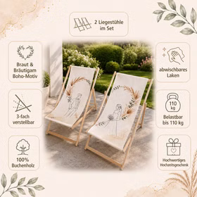 Boho Hochzeits-Liegestuhl 2-er Set Braut & Bräutigam Hochwertiges Hochzeitsgeschenk Geschenkidee zur Hochzeit stilvolle Entspannung für Braut & Bräutigam Infografik zum Liegestuhl-Set mit Hinweisen zu Boho-Motiv, Buchenholz, Verstellbarkeit, Pflege und Belastbarkeit. Hinweis: KI generiertes Bild