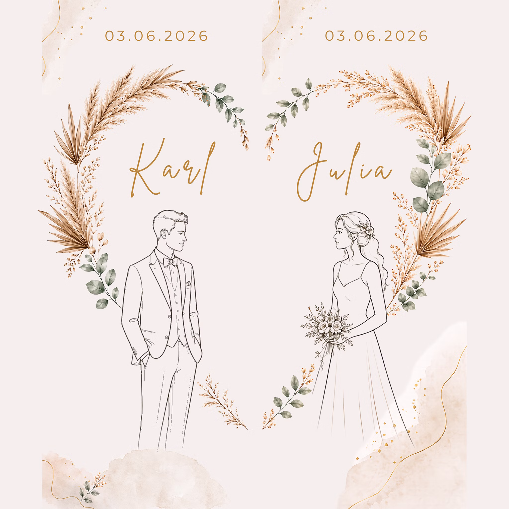 Boho Hochzeits-Liegestuhl 2er-Set personalisiert mit Vornamen & Hochzeitsdatum Hochwertiges Hochzeitsgeschenk Geschenkidee zur Hochzeit stilvolle Entspannung für Braut & Bräutigam Druckmotiv für zwei personalisierte Hochzeits-Liegestühle mit den Namen Karl und Julia sowie Hochzeitsdatum im Boho-Stil.