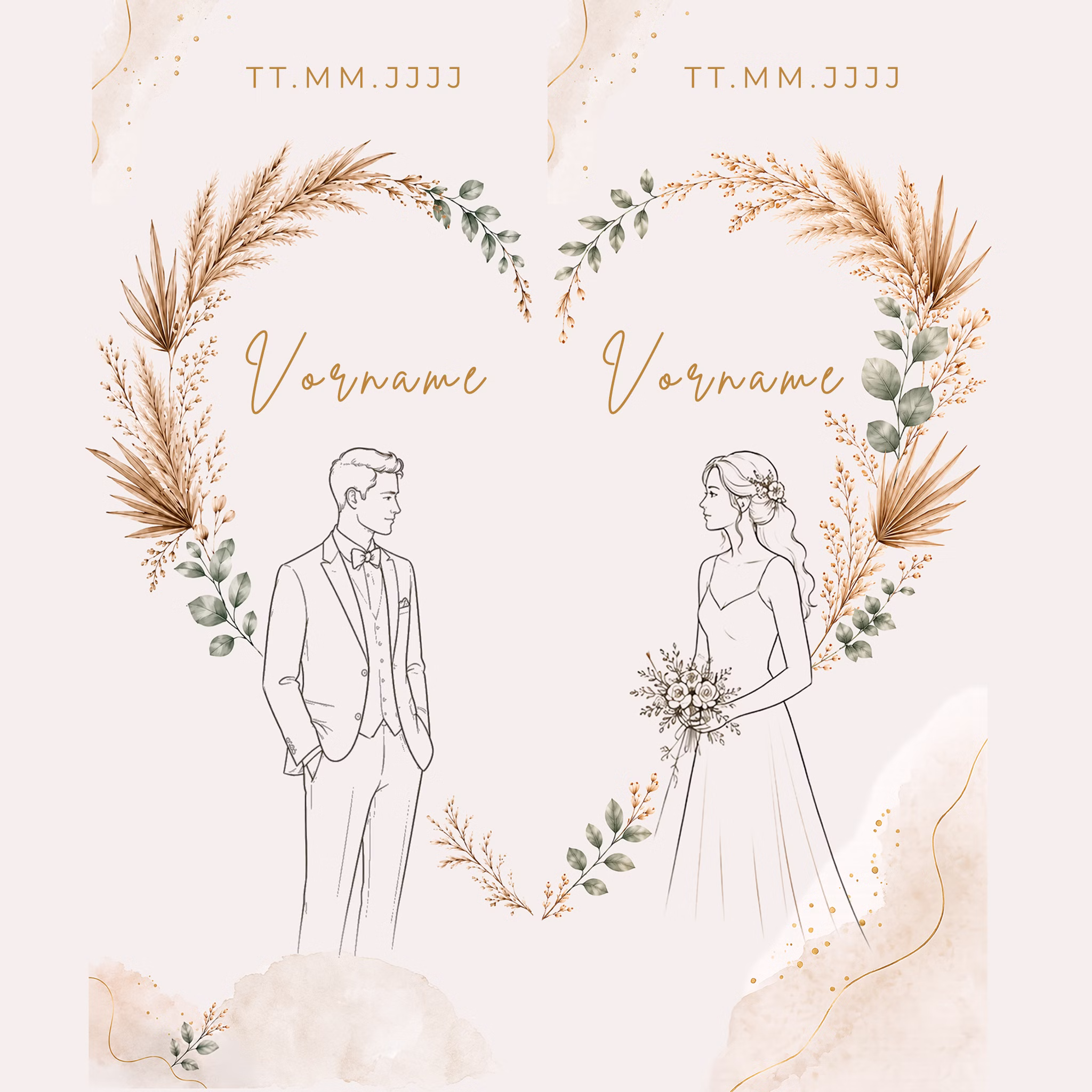 Boho Hochzeits-Liegestuhl 2er-Set personalisiert mit Vornamen & Hochzeitsdatum Hochwertiges Hochzeitsgeschenk Geschenkidee zur Hochzeit stilvolle Entspannung für Braut & Bräutigam Personalisiertes Druckmotiv für Hochzeits-Liegestühle mit Platzhaltern für Namen und Datum im eleganten Boho-Design.
