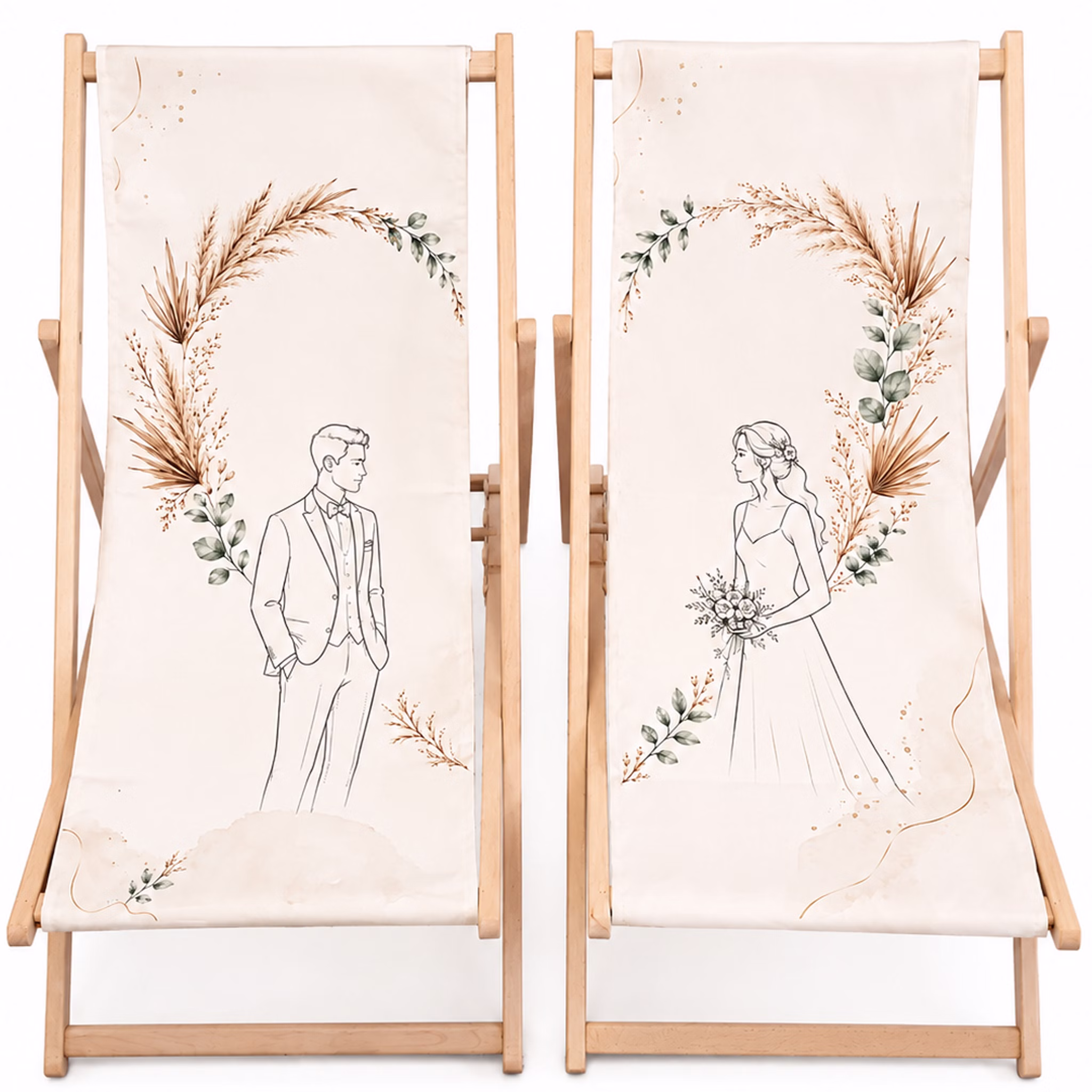 Boho Hochzeits-Liegestuhl 2er-Set personalisiert mit Vornamen & Hochzeitsdatum Hochwertiges Hochzeitsgeschenk Geschenkidee zur Hochzeit stilvolle Entspannung für Braut & Bräutigam Liegestuhl-Set für Hochzeitspaare mit Boho-Motiv, Braut- und Bräutigam-Illustration sowie stabilem Holzgestell.