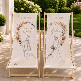 Boho Hochzeits-Liegestuhl 2er-Set personalisiert mit Vornamen & Hochzeitsdatum Hochwertiges Hochzeitsgeschenk Geschenkidee zur Hochzeit stilvolle Entspannung für Braut & Bräutigam Zwei personalisierte Hochzeits-Liegestühle mit Karl und Julia Motiv auf einer sonnigen Terrasse mit Gartenblick. Hinweis: KI generiertes Bild