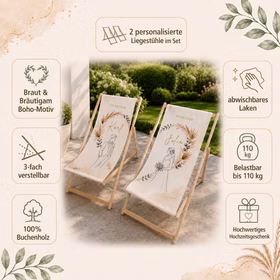 Boho Hochzeits-Liegestuhl 2er-Set personalisiert mit Vornamen & Hochzeitsdatum Hochwertiges Hochzeitsgeschenk Geschenkidee zur Hochzeit stilvolle Entspannung für Braut & Bräutigam Infografik für zwei personalisierte Hochzeits-Liegestühle mit Namen, Datum, Boho-Motiv und wichtigsten Produkteigenschaften. Hinweis: KI generiertes Bild