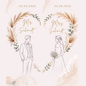 Boho Hochzeits-Liegestuhl 2er-Set Mr. & Mrs. mit Nachname & Hochzeitsdatum Hochwertiges Hochzeitsgeschenk Geschenkidee zur Hochzeit stilvolle Entspannung für Braut & Bräutigam Personalisierte Druckvorlage für Hochzeits-Liegestühle im Boho-Stil mit dem Datum 03.06.2026 sowie Mr. Schmidt und Mrs. Schmidt.