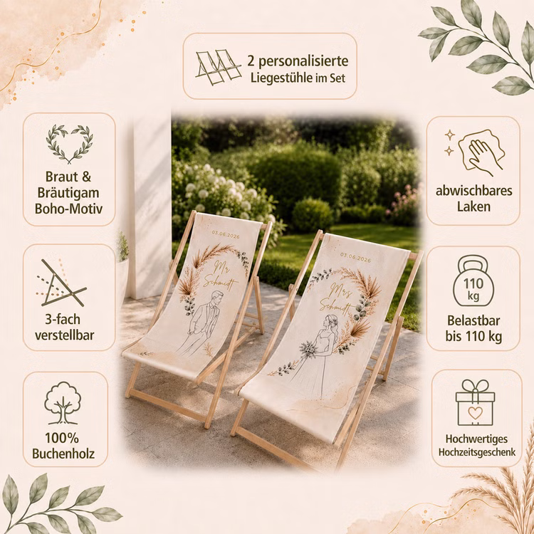 Boho Hochzeits-Liegestuhl 2er-Set Mr. & Mrs. mit Nachname & Hochzeitsdatum Hochwertiges Hochzeitsgeschenk Geschenkidee zur Hochzeit stilvolle Entspannung für Braut & Bräutigam Infografik mit zwei personalisierten Hochzeits-Liegestühlen, Boho-Motiv, Produkteigenschaften und den Namen Mr. und Mrs. Schmidt. Hinweis: KI generiertes Bild
