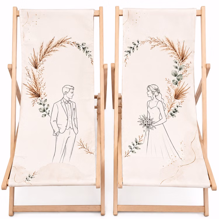 Boho Hochzeits-Liegestuhl 2er-Set Mr. & Mrs. mit Nachname & Hochzeitsdatum Hochwertiges Hochzeitsgeschenk Geschenkidee zur Hochzeit stilvolle Entspannung für Braut & Bräutigam Zwei Hochzeits-Liegestühle mit Braut- und Bräutigam-Motiv, naturfarbenem Holzgestell und hellem Stoffbezug vor weißem Hintergrund.