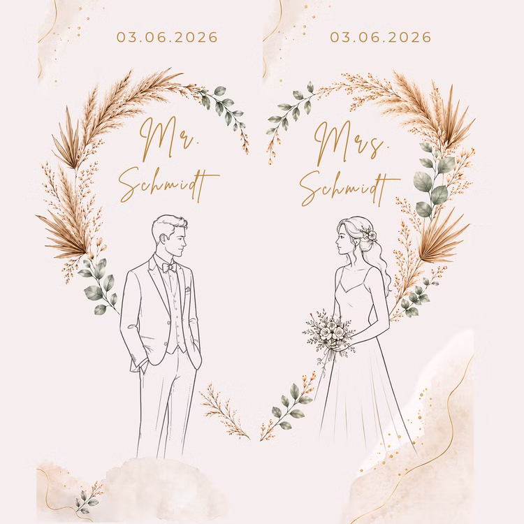 Boho Hochzeits-Liegestuhl 2er-Set Mr. & Mrs. mit Nachname & Hochzeitsdatum Hochwertiges Hochzeitsgeschenk Geschenkidee zur Hochzeit stilvolle Entspannung für Braut & Bräutigam Personalisierte Druckvorlage für Hochzeits-Liegestühle im Boho-Stil mit dem Datum 03.06.2026 sowie Mr. Schmidt und Mrs. Schmidt.