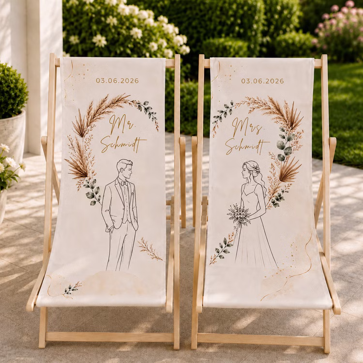 Boho Hochzeits-Liegestuhl 2er-Set Mr. & Mrs. mit Nachname & Hochzeitsdatum Hochwertiges Hochzeitsgeschenk Geschenkidee zur Hochzeit stilvolle Entspannung für Braut & Bräutigam Zwei personalisierte Hochzeits-Liegestühle mit Mr. Schmidt und Mrs. Schmidt auf einer sonnigen Terrasse im grünen Garten.