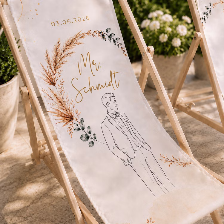 Boho Hochzeits-Liegestuhl 2er-Set Mr. & Mrs. mit Nachname & Hochzeitsdatum Hochwertiges Hochzeitsgeschenk Geschenkidee zur Hochzeit stilvolle Entspannung für Braut & Bräutigam Detailansicht eines personalisierten Bräutigam-Liegestuhls mit Boho-Motiv, Hochzeitsdatum 03.06.2026 und dem Schriftzug Mr. Schmidt.