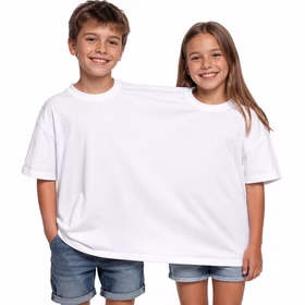 Doppel T Shirt Kinder Weiß für 2 Kinder Zwei Kinder tragen gemeinsam ein weißes Doppel-T-Shirt für 2 Personen, Einheitsgröße für Kinder von ca. 8 bis 12 Jahren. Hinweis: KI generiertes Bild