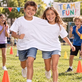Doppel T Shirt Kinder Teamspiel Outdoor Zwei Kinder laufen gemeinsam im weißen Doppel-T-Shirt bei einem lustigen Teamwettbewerb im Freien mit weiteren Kindern. Hinweis: KI generiertes Bild