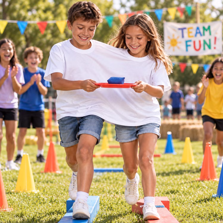 Doppel T Shirt Kinder Geschicklichkeitsspiel Zwei Kinder meistern im weißen Doppel-T-Shirt gemeinsam einen Geschicklichkeitsparcours und balancieren dabei einen Gegenstand. Hinweis: KI generiertes Bild