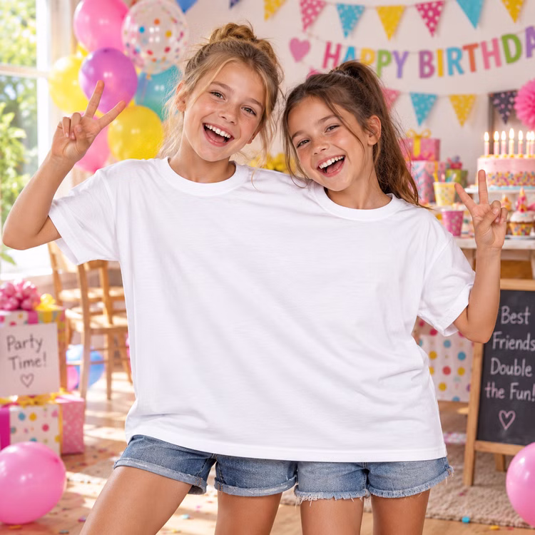 Doppel T Shirt Kinder Kindergeburtstag Fotomotiv Zwei Mädchen tragen gemeinsam das weiße Doppel-T-Shirt und posieren fröhlich als lustiges Fotomotiv bei einem Kindergeburtstag. Hinweis: KI generiertes Bild