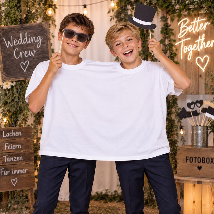 Doppel T Shirt Kinder Hochzeit Fotobox Zwei Jungen tragen gemeinsam das weiße Doppel-T-Shirt und posieren mit Fotobox-Requisiten als lustiges Fotomotiv bei einer Hochzeit. Hinweis: KI generiertes Bild