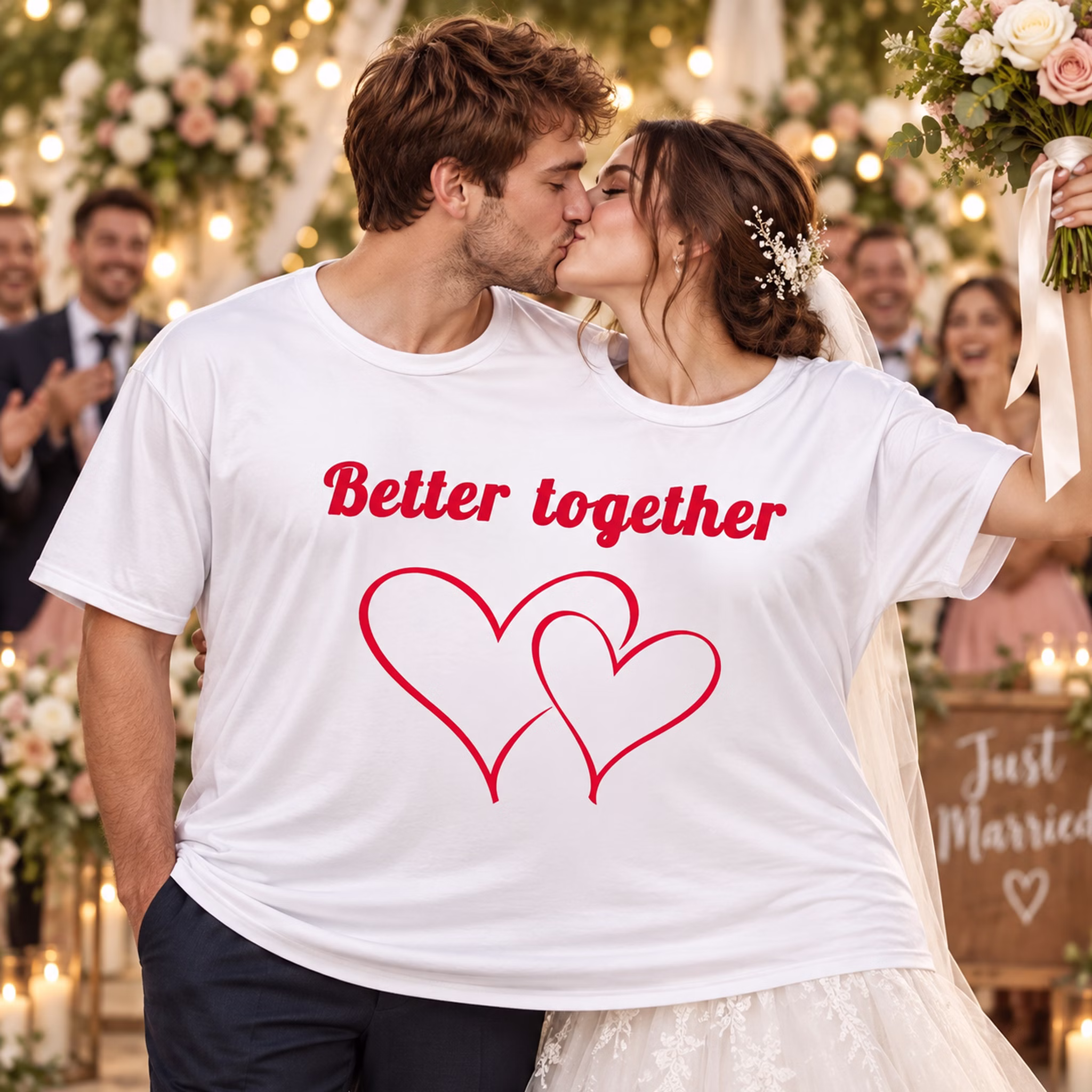 Doppel T Shirt Better together Hochzeit Ein Brautpaar küsst sich im gemeinsamen Doppel-T-Shirt „Better together“ mit Herz-Motiv vor einer feiernden Hochzeitsgesellschaft. Hinweis: KI generiertes Bild