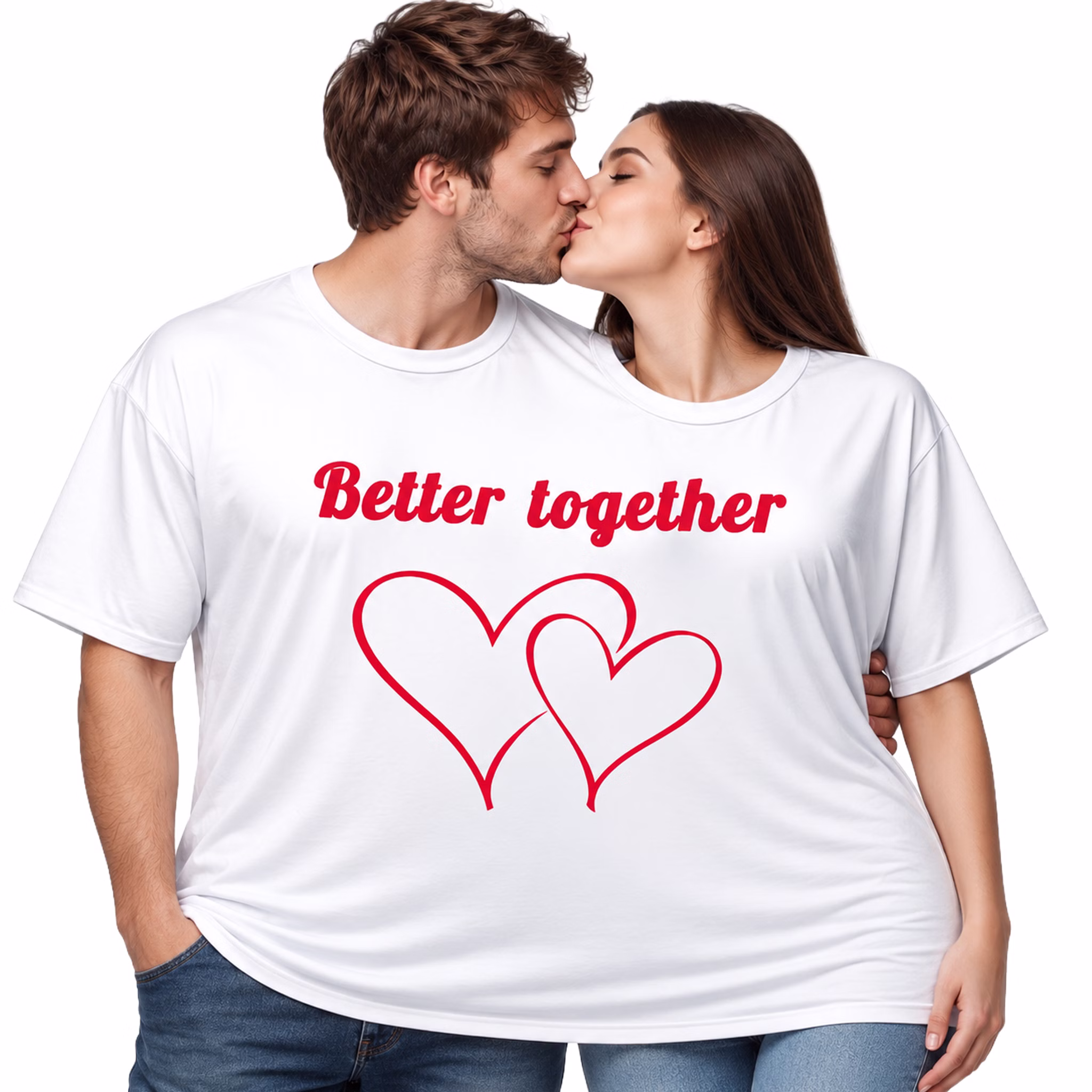 Doppel T Shirt Better together Paar Eine Frau und ein Mann küssen sich im weißen Doppel-T-Shirt „Better together“ mit zwei roten Herzen vor weißem Hintergrund. Hinweis: KI generiertes Bild