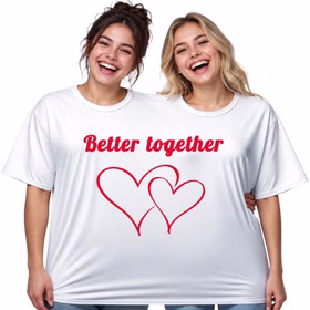 Doppel T Shirt Better together Freundinnen Zwei lachende Freundinnen tragen gemeinsam das weiße Doppel-T-Shirt „Better together“ mit zwei roten Herzen. Hinweis: KI generiertes Bild