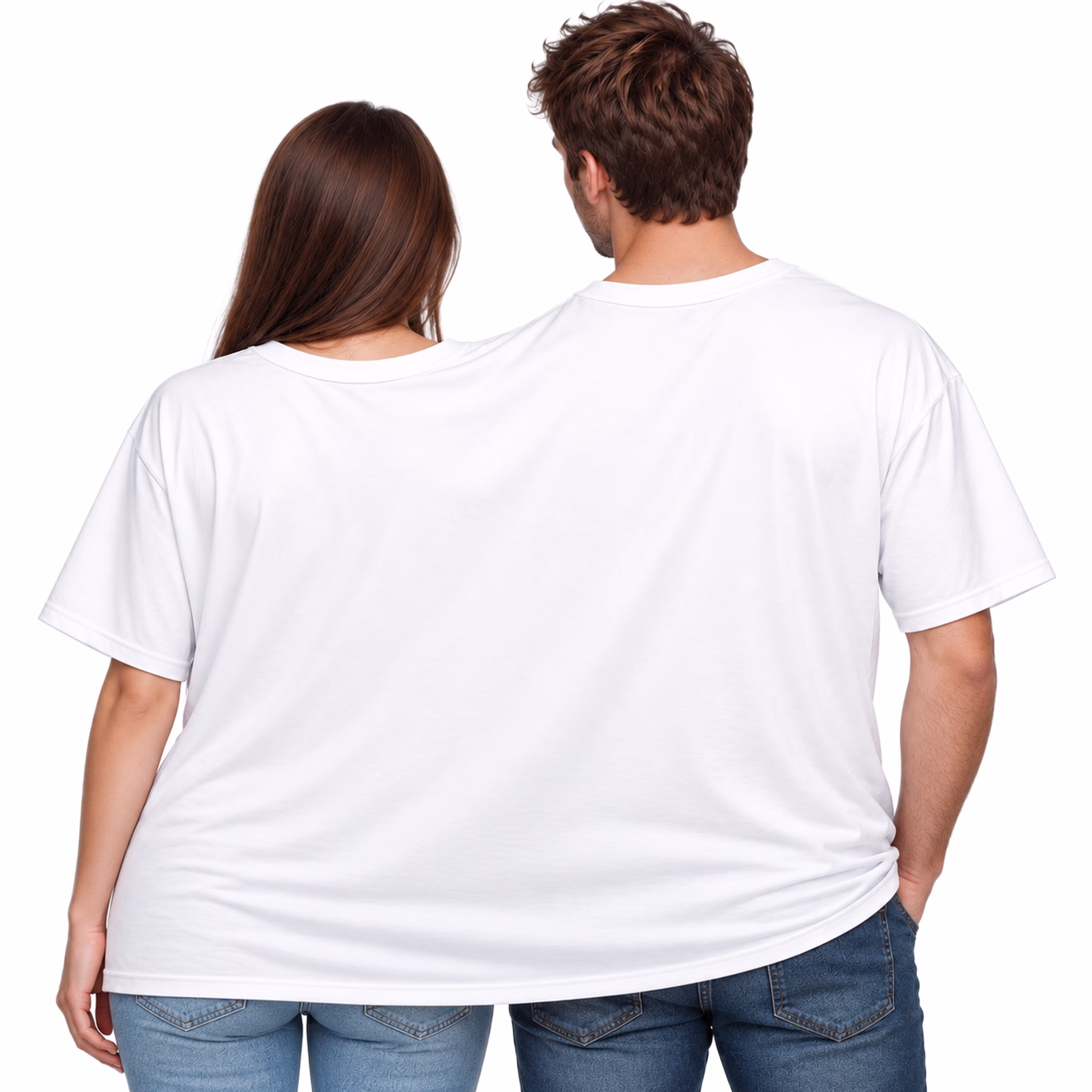 Doppel T Shirt Just married Rückansicht Eine Frau und ein Mann tragen gemeinsam das weiße Doppel-T-Shirt für zwei Personen in der Rückansicht ohne Aufdruck. Hinweis: KI generiertes Bild