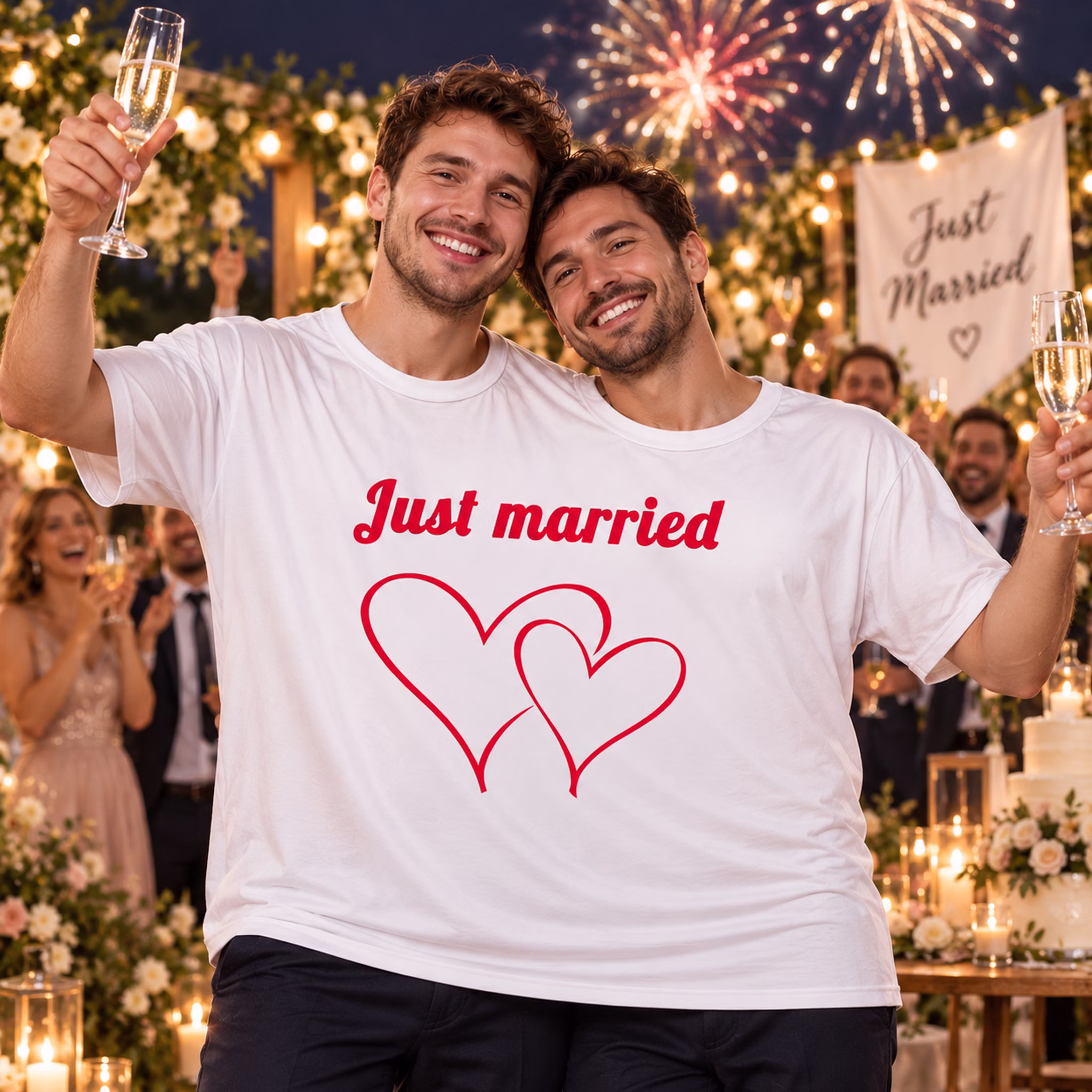 Doppel T Shirt Just married Hochzeit Herren Zwei Männer tragen gemeinsam das Doppel-T-Shirt „Just married“ mit Herz-Motiv und feiern abends mit Hochzeitsgästen und Feuerwerk. Hinweis: KI generiertes Bild
