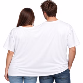 Doppel T Shirt Just married Rückansicht Eine Frau und ein Mann tragen gemeinsam das weiße Doppel-T-Shirt für zwei Personen in der Rückansicht ohne Aufdruck. Hinweis: KI generiertes Bild
