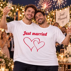 Doppel T Shirt Just married Hochzeit Herren Zwei Männer tragen gemeinsam das Doppel-T-Shirt „Just married“ mit Herz-Motiv und feiern abends mit Hochzeitsgästen und Feuerwerk. Hinweis: KI generiertes Bild