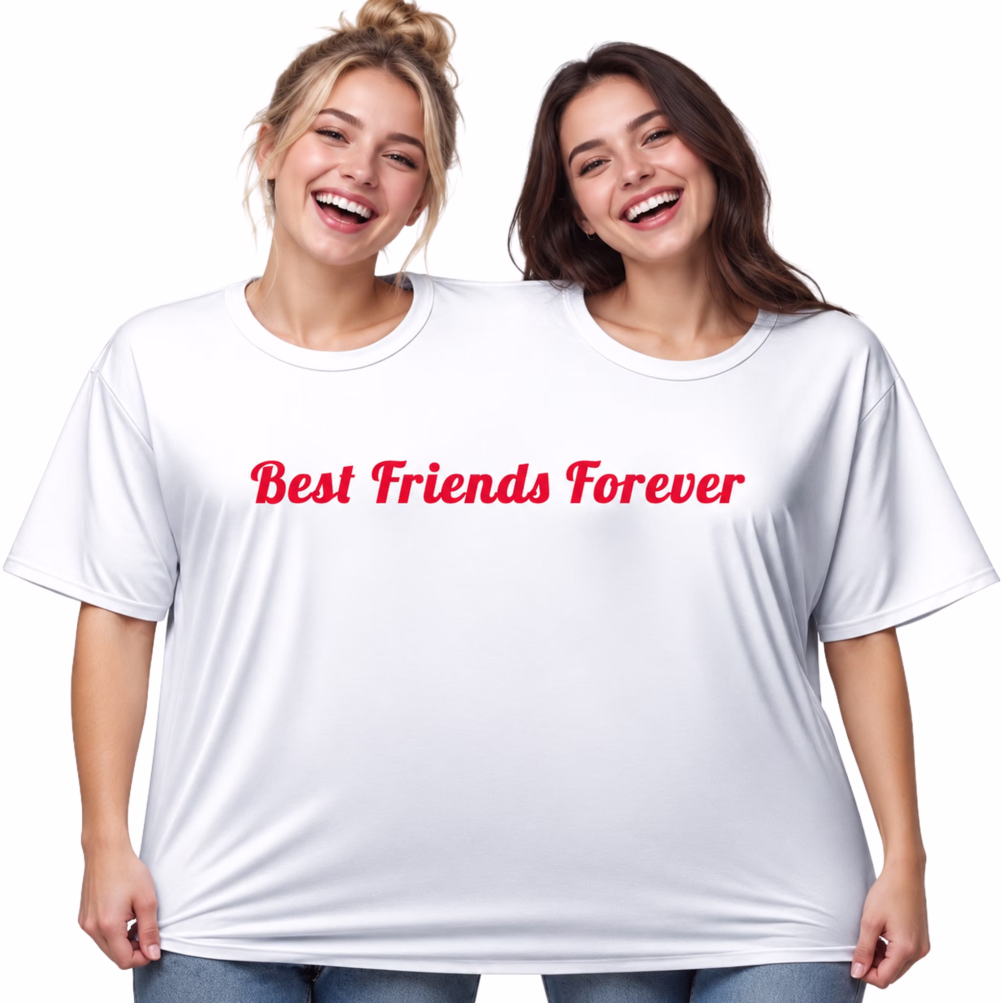 Doppel T Shirt Best Friends Forever Freundinnen Zwei lachende Freundinnen tragen gemeinsam das weiße Doppel-T-Shirt „Best Friends Forever“ vor weißem Hintergrund. Hinweis: KI generiertes Bild