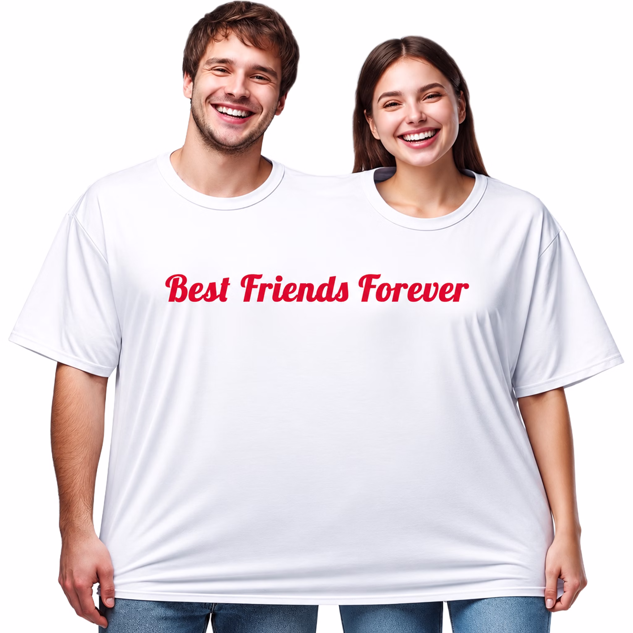 Doppel T Shirt Best Friends Forever Unisex Ein Mann und eine Frau tragen gemeinsam das weiße Doppel-T-Shirt „Best Friends Forever“ und lachen in die Kamera. Hinweis: KI generiertes Bild