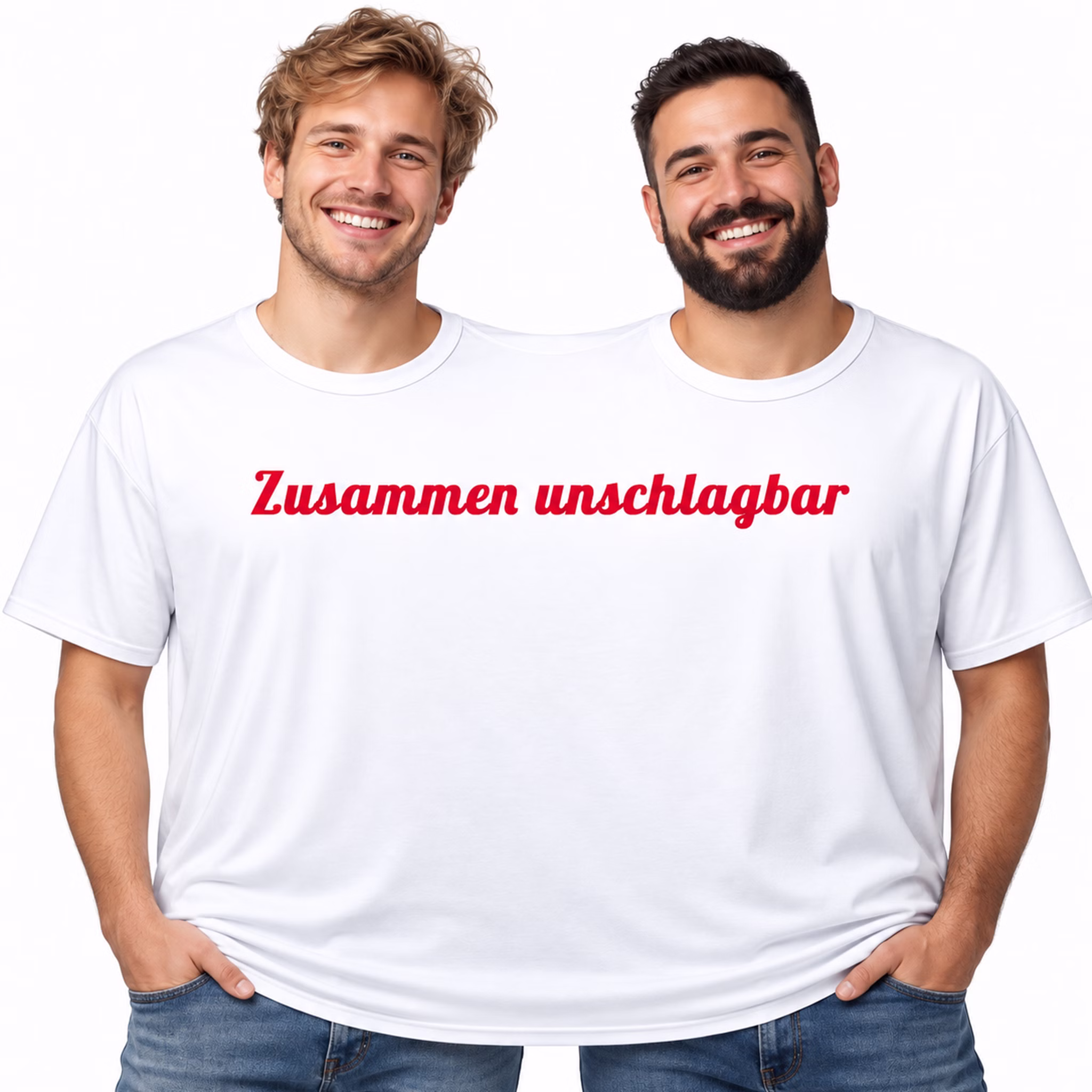 Doppel T Shirt Zusammen unschlagbar Herren Zwei unterschiedlich aussehende Männer tragen gemeinsam das weiße Doppel-T-Shirt mit rotem Schriftzug „Zusammen unschlagbar“. Hinweis: KI generiertes Bild