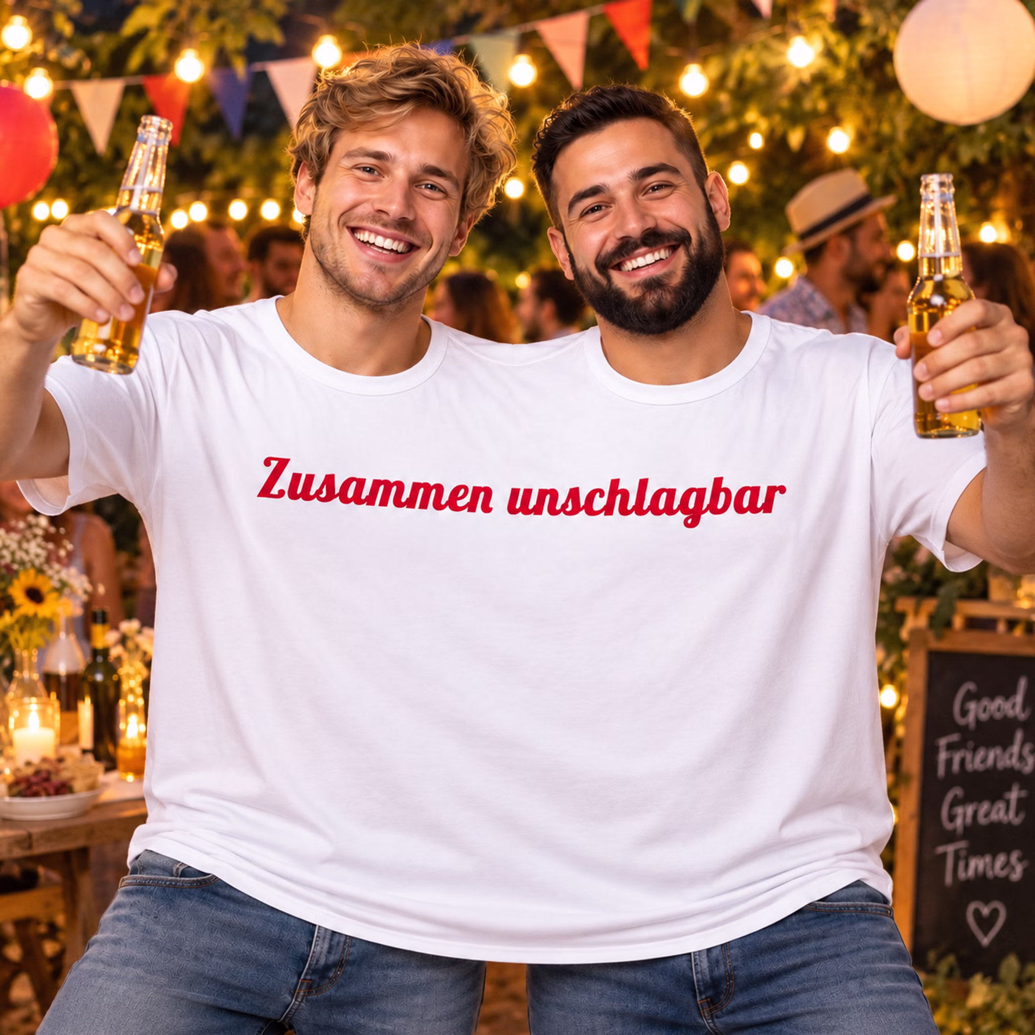 Doppel T Shirt Zusammen unschlagbar Party Zwei Männer tragen gemeinsam das Doppel-T-Shirt „Zusammen unschlagbar“ und feiern gut gelaunt auf einer stimmungsvollen Gartenparty. Hinweis: KI generiertes Bild