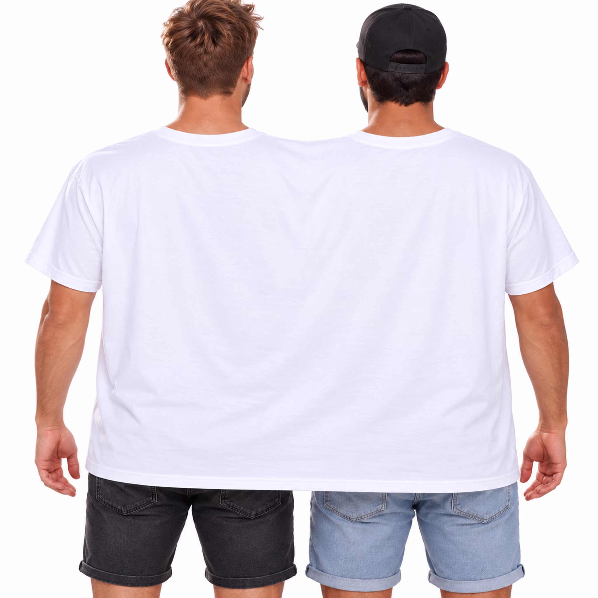 Doppel T Shirt Zusammen unschlagbar Rückansicht Zwei Männer tragen gemeinsam ein weißes Doppel-T-Shirt für zwei Personen in der Rückansicht. Die Rückseite ist ohne Aufdruck. Hinweis: KI generiertes Bild