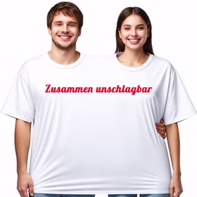Doppel T Shirt Zusammen unschlagbar Damen Herren Eine Frau und ein Mann tragen gemeinsam das weiße Doppel-T-Shirt mit rotem Schriftzug „Zusammen unschlagbar“ und lachen in die Kamera. Hinweis: KI generiertes Bild