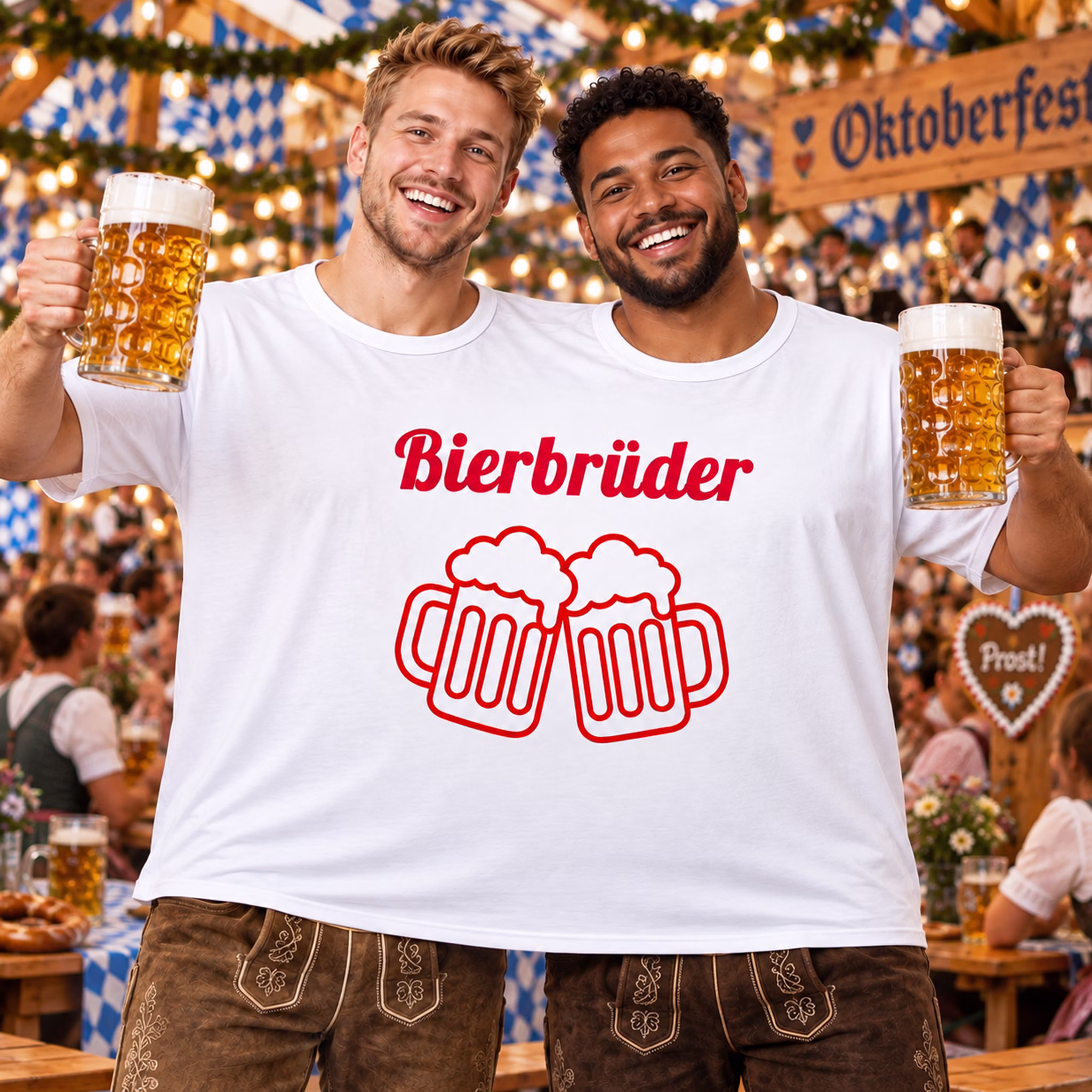 Doppel T-Shirt Bierbrüder Oktoberfest Zwei Männer tragen gemeinsam das Doppel-T-Shirt „Bierbrüder“ mit Bierkrug-Motiv und feiern mit Bierkrügen in einem festlich geschmückten Oktoberfestzelt. Hinweis: KI generiertes Bild