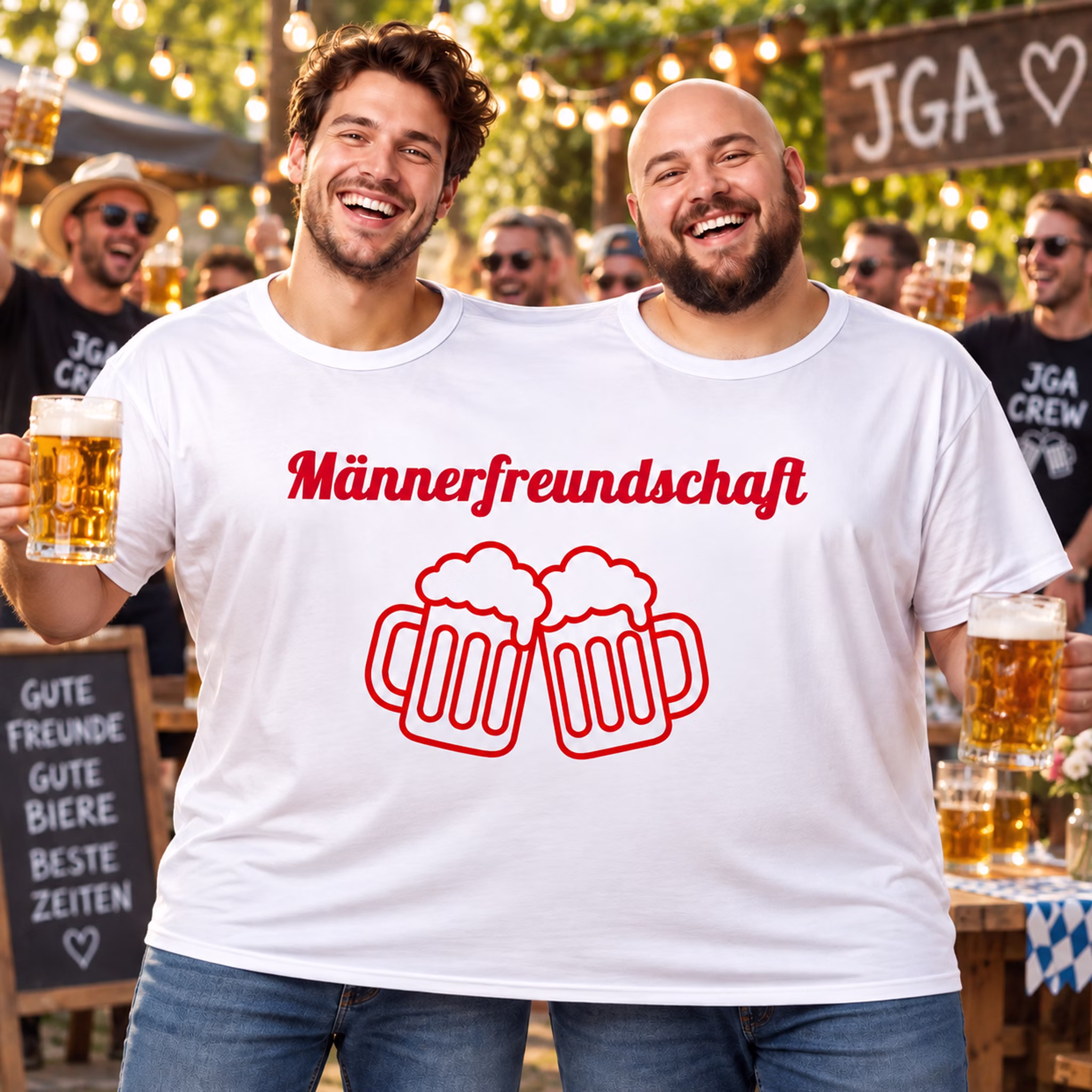 Doppel T-Shirt Männerfreundschaft JGA Zwei Männer tragen beim Junggesellenabschied gemeinsam das Doppel-T-Shirt „Männerfreundschaft“ mit Bierkrug-Motiv und feiern mit Freunden. Hinweis: KI generiertes Bild