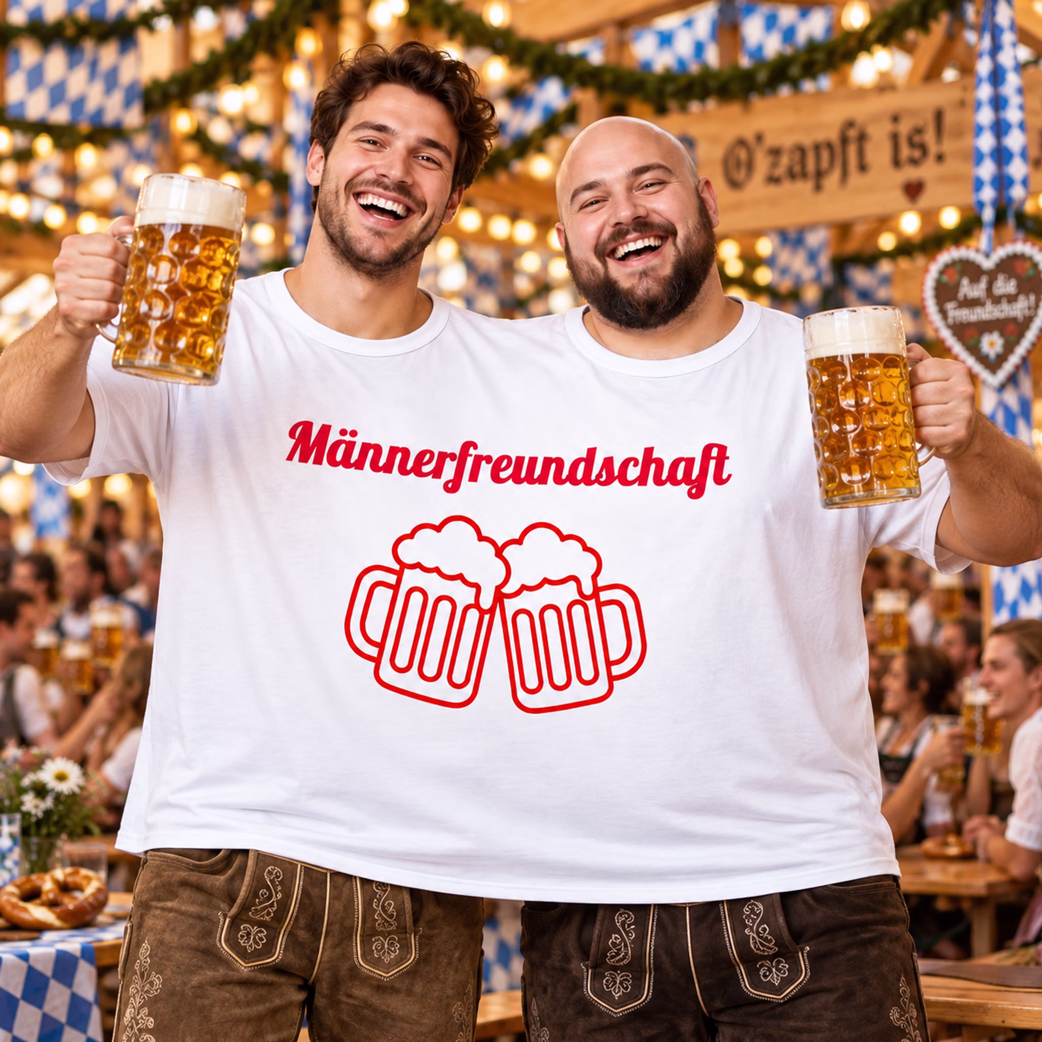 Doppel T-Shirt Männerfreundschaft Oktoberfest Zwei Männer tragen gemeinsam das Doppel-T-Shirt „Männerfreundschaft“ mit Bierkrug-Motiv und feiern mit Bierkrügen auf einem Oktoberfest. Hinweis: KI generiertes Bild