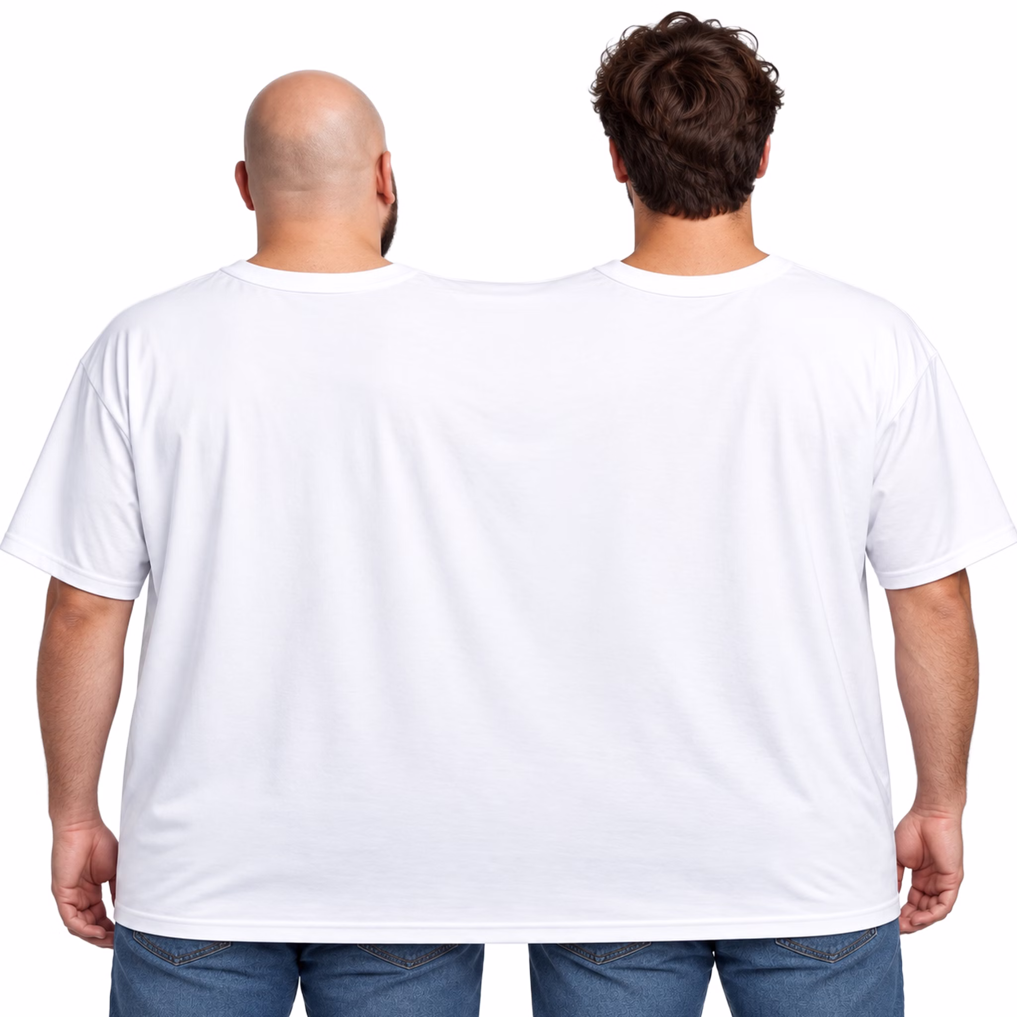 Doppel T-Shirt Männerfreundschaft Rückansicht Zwei Männer tragen gemeinsam ein weißes Doppel-T-Shirt für zwei Personen in der Rückansicht. Das Shirt wird von hinten gezeigt und hat keinen Aufdruck auf der Rückseite. Hinweis: KI generiertes Bild