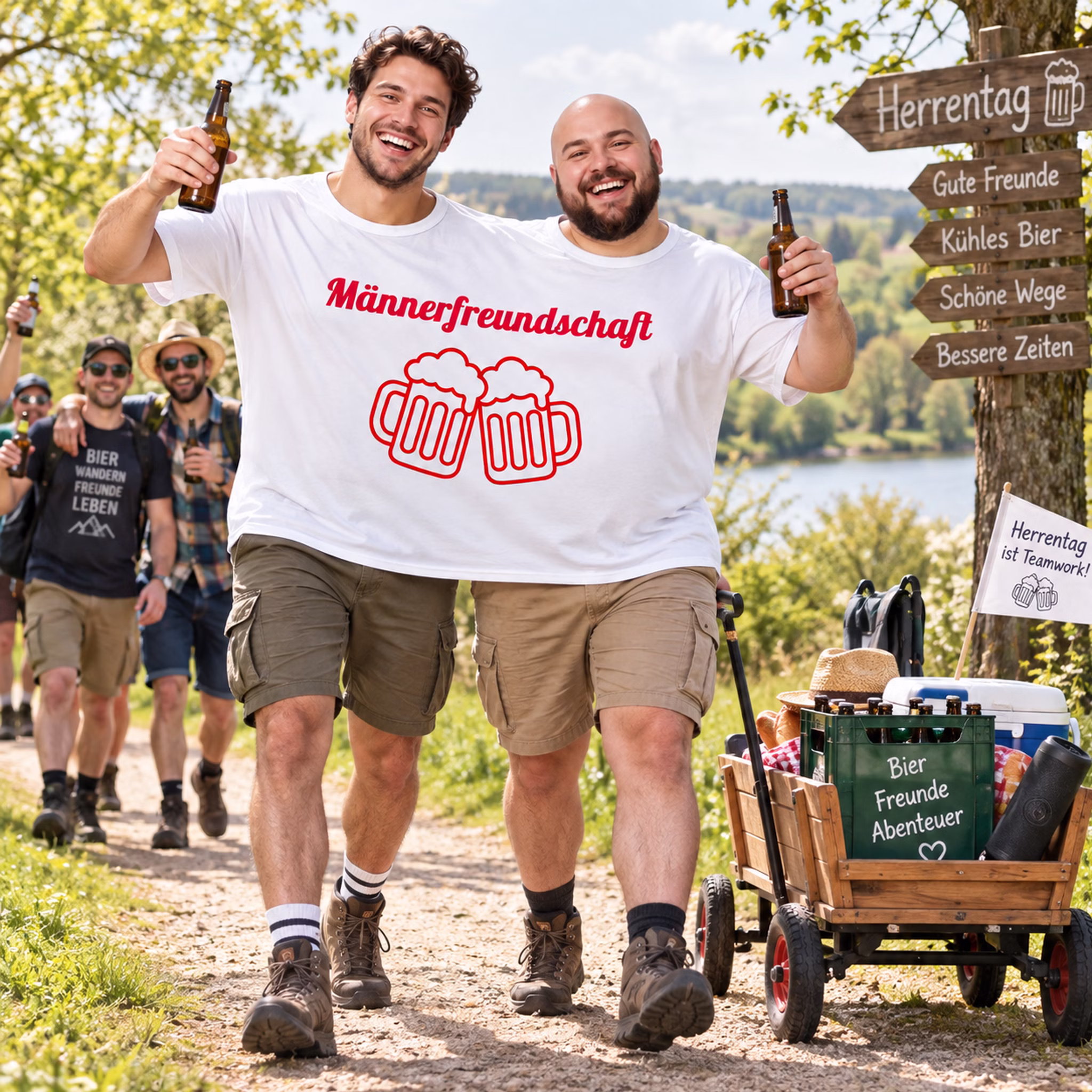 Doppel T-Shirt Männerfreundschaft Männertag Bollerwagen Zwei Männer tragen gemeinsam das weiße Doppel-T-Shirt „Männerfreundschaft“ mit Bierkrug-Motiv und sind am Männertag mit einem Bollerwagen unterwegs. Hinweis: KI generiertes Bild