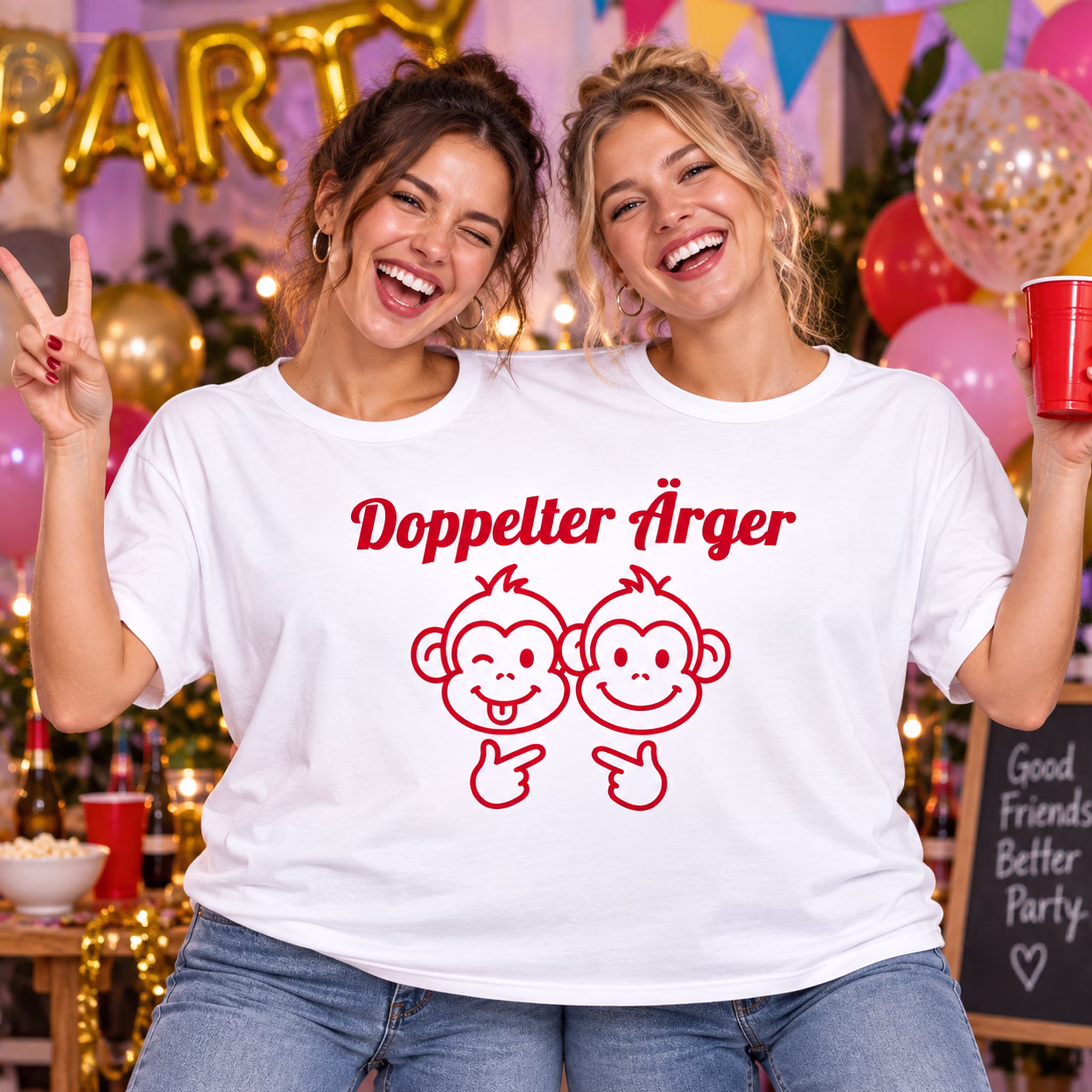 Doppel T-Shirt Doppelter Ärger Damen Party Zwei Frauen tragen gemeinsam das Doppel-T-Shirt „Doppelter Ärger“ mit Äffchen-Motiv und feiern lachend auf einer Party. Hinweis: KI generiertes Bild