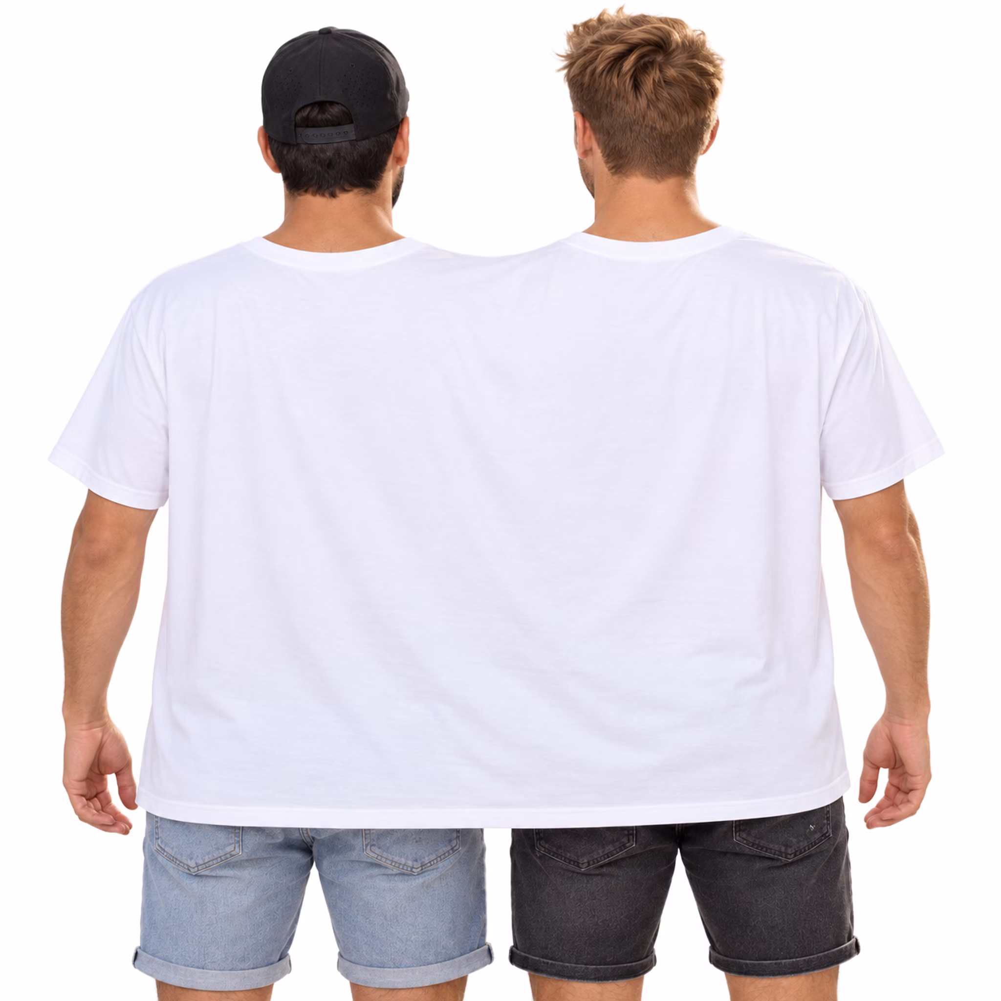 Doppel T-Shirt Doppelter Ärger Rückansicht Zwei Männer tragen gemeinsam ein weißes Doppel-T-Shirt für zwei Personen in der Rückansicht. Die Rückseite des Shirts ist ohne Aufdruck. Hinweis: KI generiertes Bild