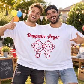 Doppel T-Shirt Doppelter Ärger Geburtstag Herren Zwei Männer tragen gemeinsam das Doppel-T-Shirt „Doppelter Ärger“ mit Äffchen-Motiv auf einer fröhlichen Garten-Geburtstagsparty. Hinweis: KI generiertes Bild
